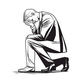 Draw a businessman kneeling with a sorrowful expression, as if he is overwhelmed