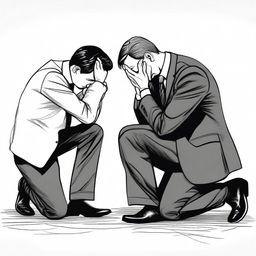 Draw a businessman kneeling with a sorrowful expression, as if he is overwhelmed