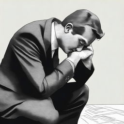 Draw a businessman kneeling with a sorrowful expression, as if he is overwhelmed