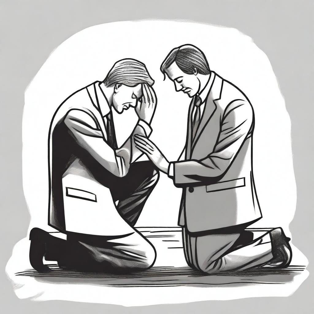 Draw a businessman kneeling with a sorrowful expression, as if he is overwhelmed