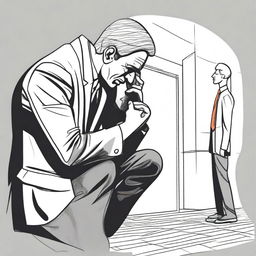 Draw a businessman kneeling with a sorrowful expression, as if he is overwhelmed