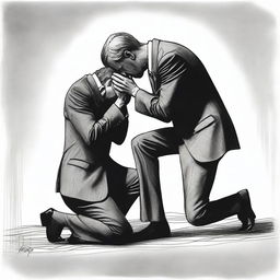 Draw a businessman kneeling with a sorrowful expression, as if he is overwhelmed