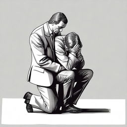 Draw a businessman kneeling with a sorrowful expression, as if he is overwhelmed