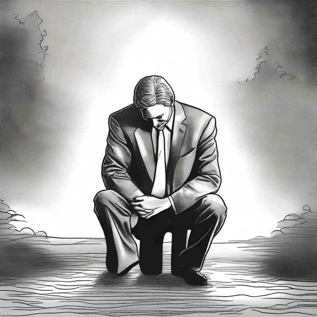 Draw a businessman kneeling with a sorrowful expression, as if he is overwhelmed