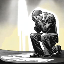 Draw a businessman kneeling with a sorrowful expression, as if he is overwhelmed