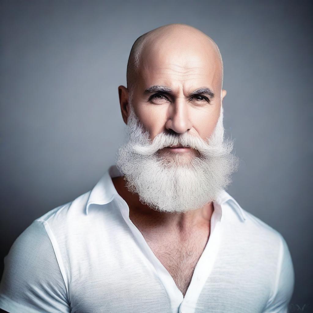 Create an image of a sexy bald man with a long grey beard