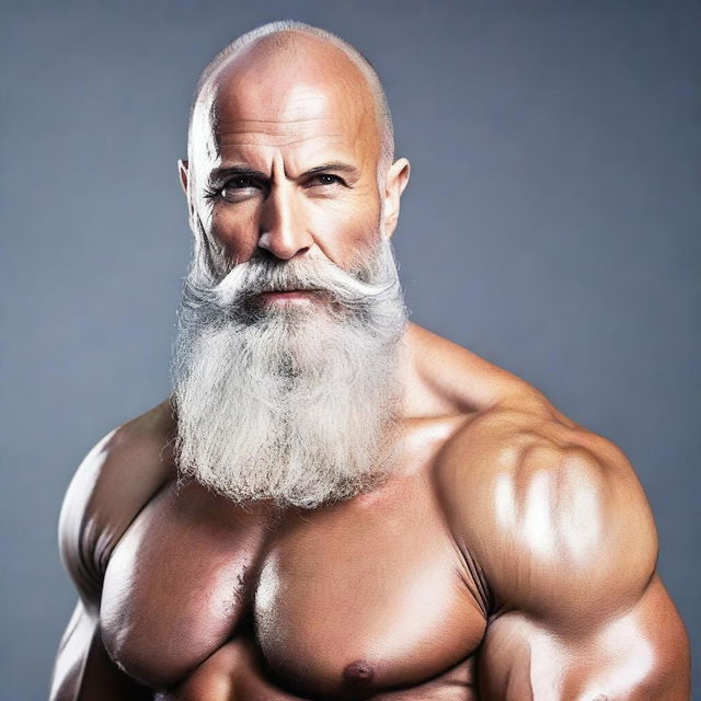 Create an image of a sexy bald man with a long grey beard