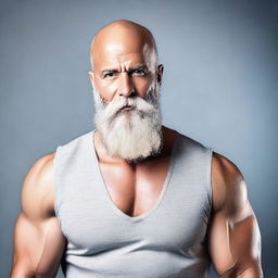 Create an image of a sexy bald man with a long grey beard