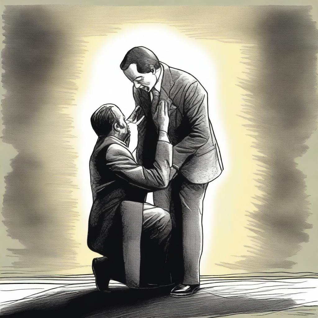 Draw a businessman kneeling with a sorrowful expression, as if he is overwhelmed