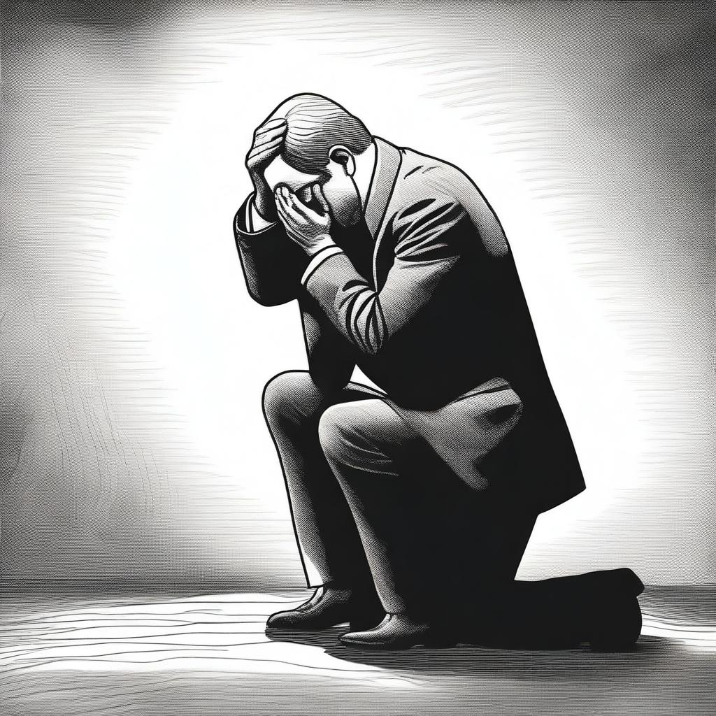 Draw a businessman kneeling with a sorrowful expression, as if he is overwhelmed