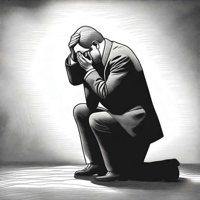 Draw a businessman kneeling with a sorrowful expression, as if he is overwhelmed