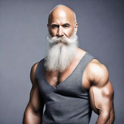 Create an image of a sexy bald man with a long grey beard