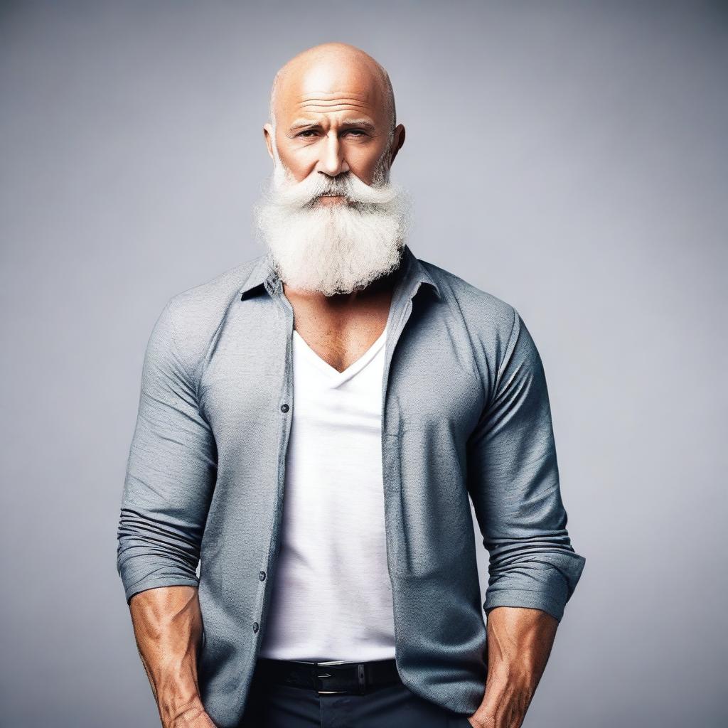 Create an image of a sexy bald man with a long grey beard