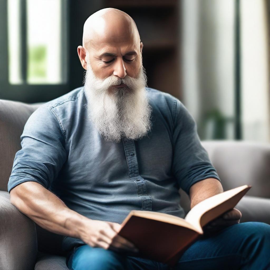 Create an image of a sexy bald man with a long grey beard reading a book