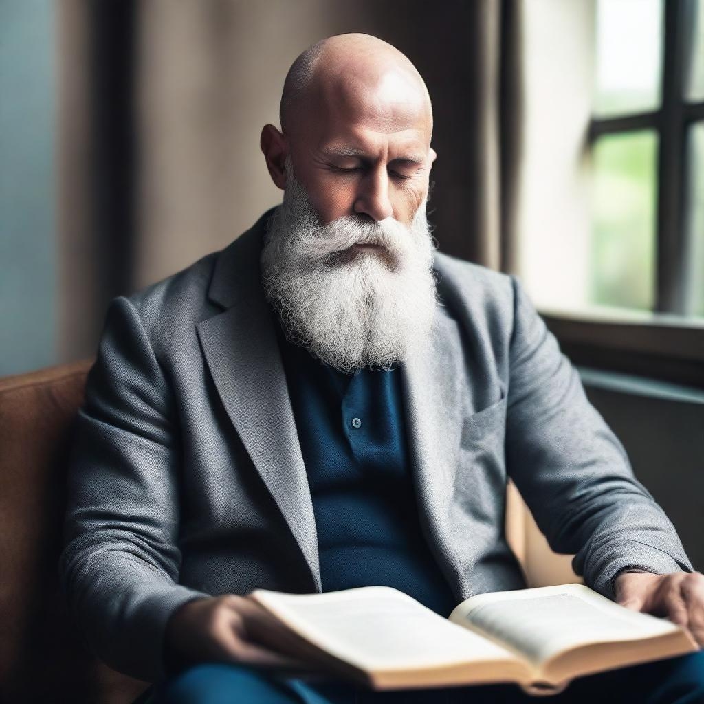 Create an image of a sexy bald man with a long grey beard reading a book