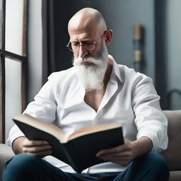 Create an image of a sexy bald man with a long grey beard reading a book