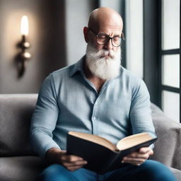 Create an image of a sexy bald man with a long grey beard reading a book