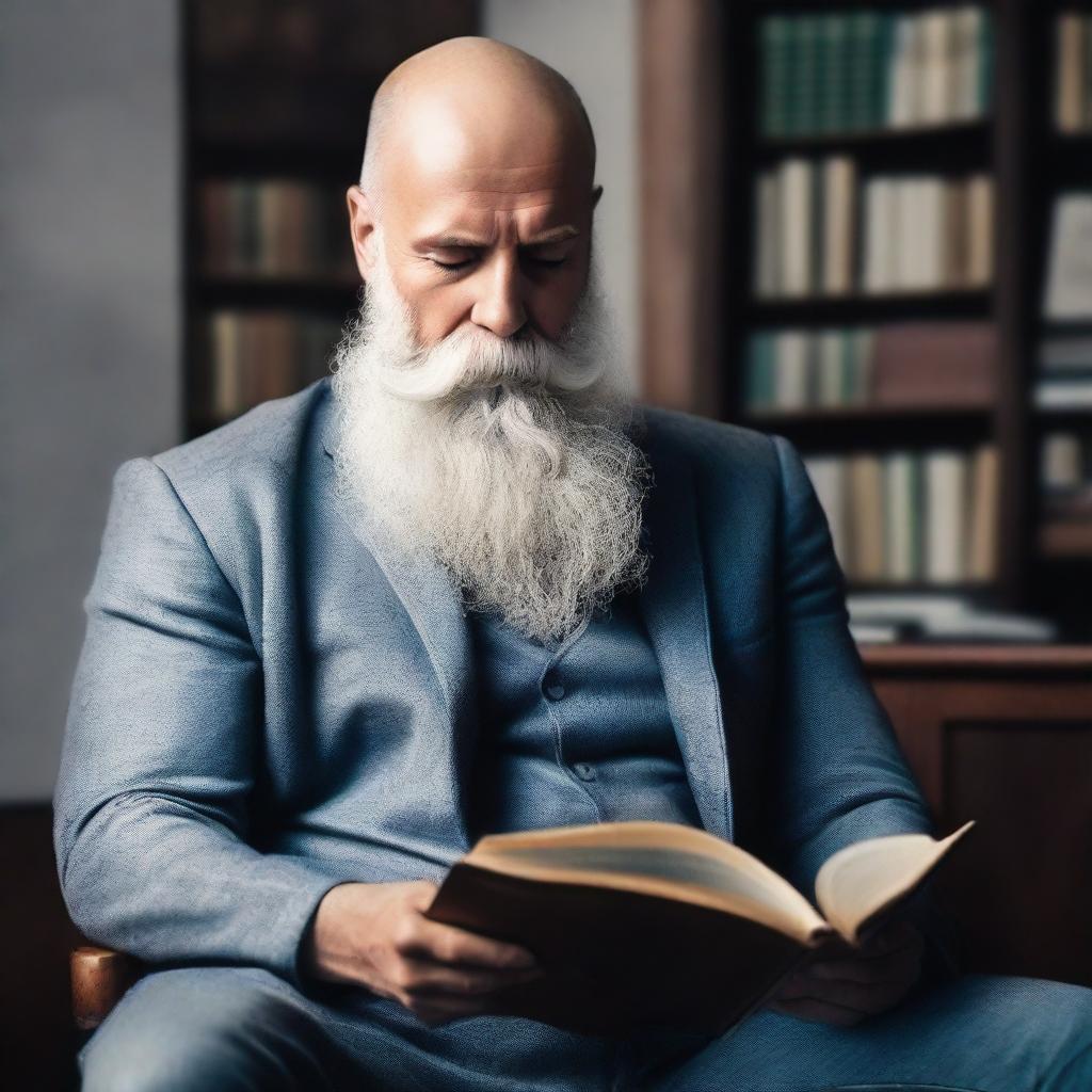 Create an image of a sexy bald man with a long grey beard reading a book