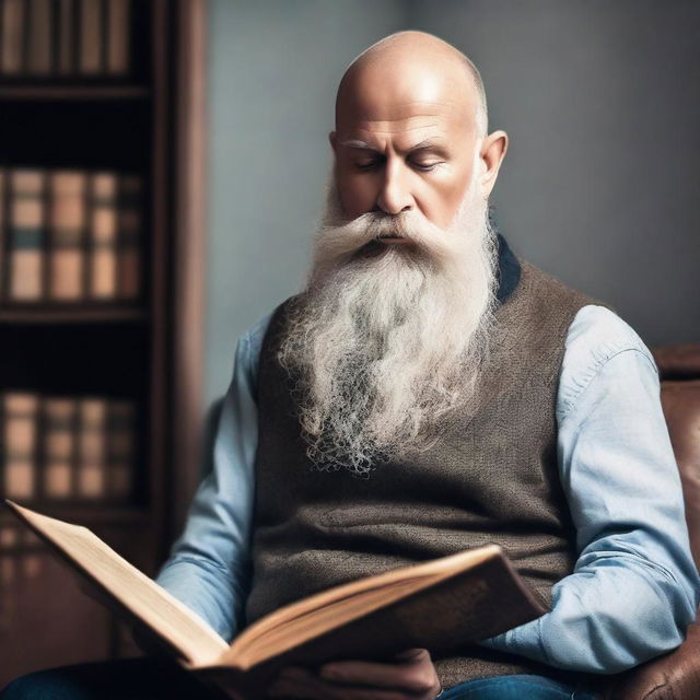 Create an image of a sexy bald man with a long grey beard reading a book