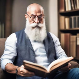 Create an image of a sexy bald man with a long grey beard reading a book