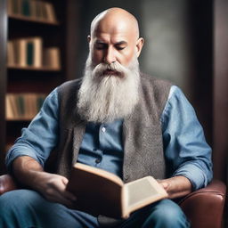 Create an image of a sexy bald man with a long grey beard reading a book