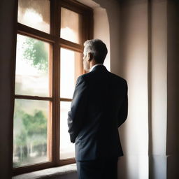 A businessman standing and looking through a window, with a divine figure placing a hand on his shoulder