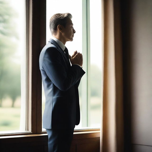 A businessman standing and looking through a window, with a divine figure placing a hand on his shoulder