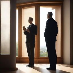 A businessman standing and looking through a window, with a divine figure placing a hand on his shoulder