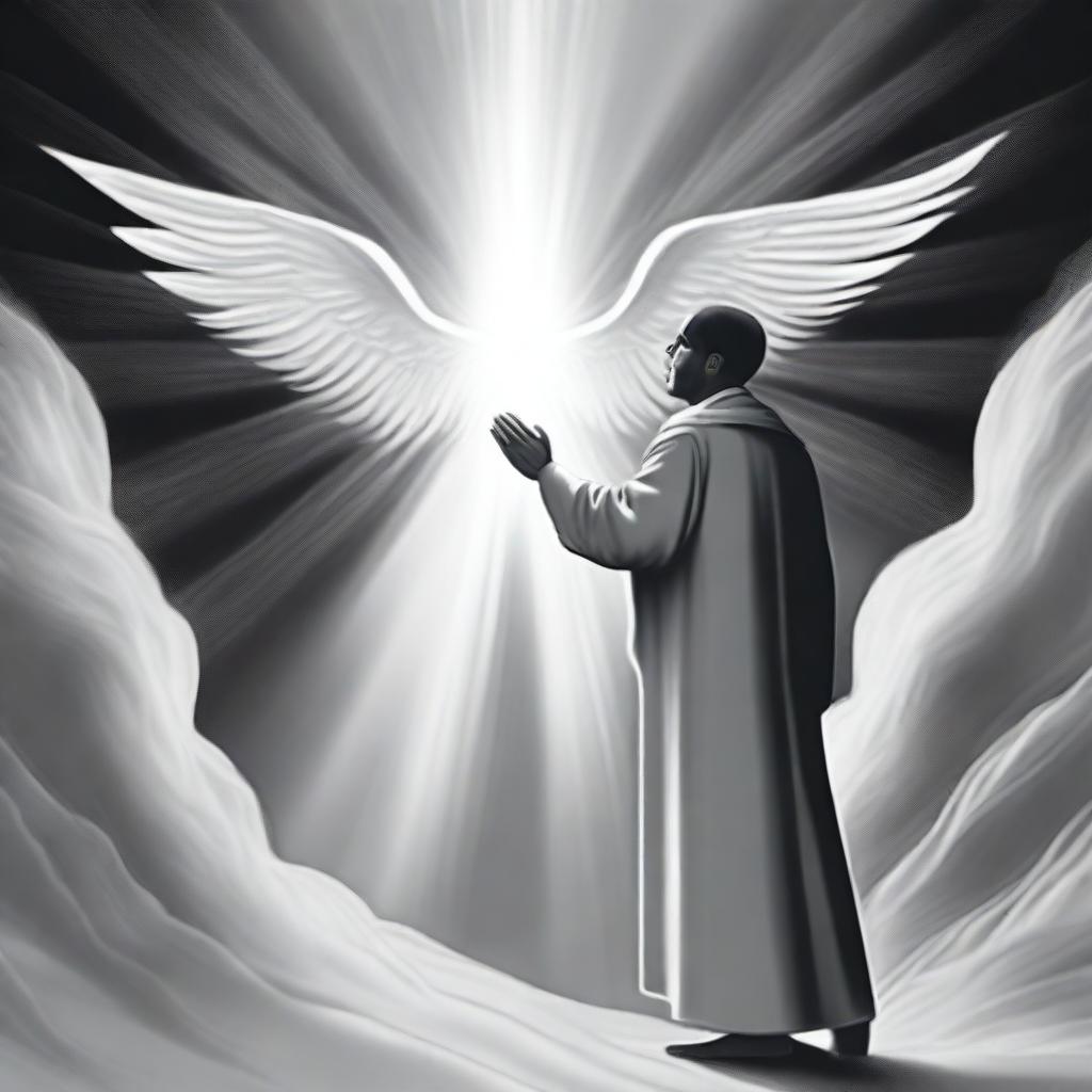 A black and white drawing of a man being guided by the Holy Spirit