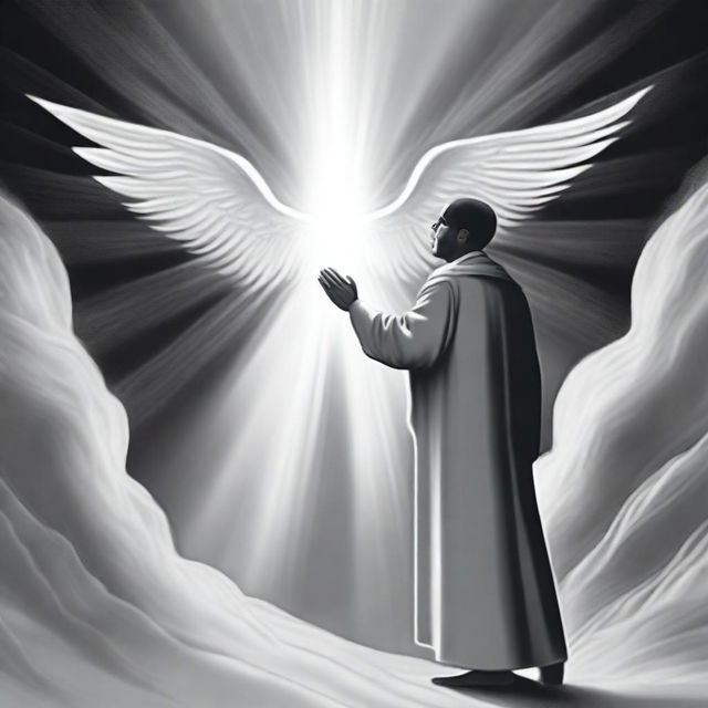 A black and white drawing of a man being guided by the Holy Spirit