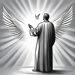 A black and white drawing of a man being guided by the Holy Spirit