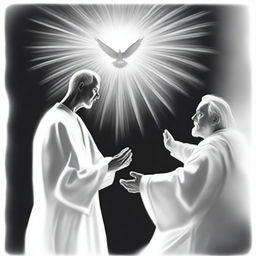 A black and white drawing of a man being guided by the Holy Spirit