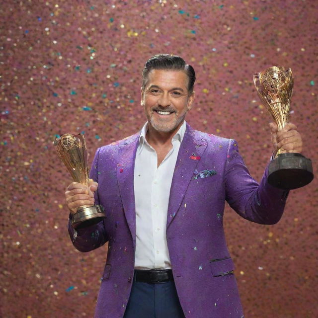 Portrait of the Bigg Boss season 17 winner celebrating with a trophy in a vibrant, confetti-filled atmosphere