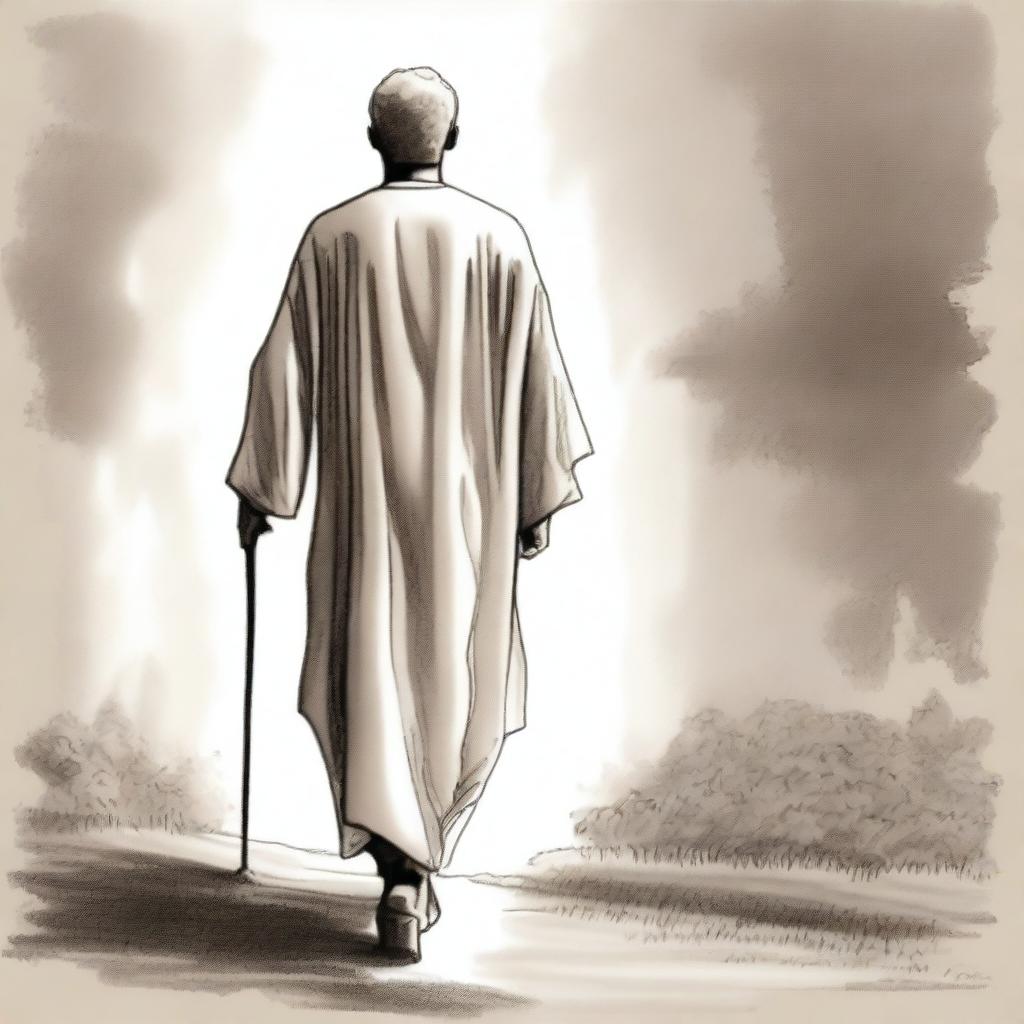 A drawing of a man walking alongside God