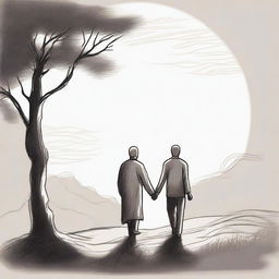 A drawing of a man walking alongside God