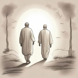 A drawing of a man walking alongside God