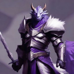 A tall, intimidating dragonborn with white skin and white fur, wearing a purple paladin's armor