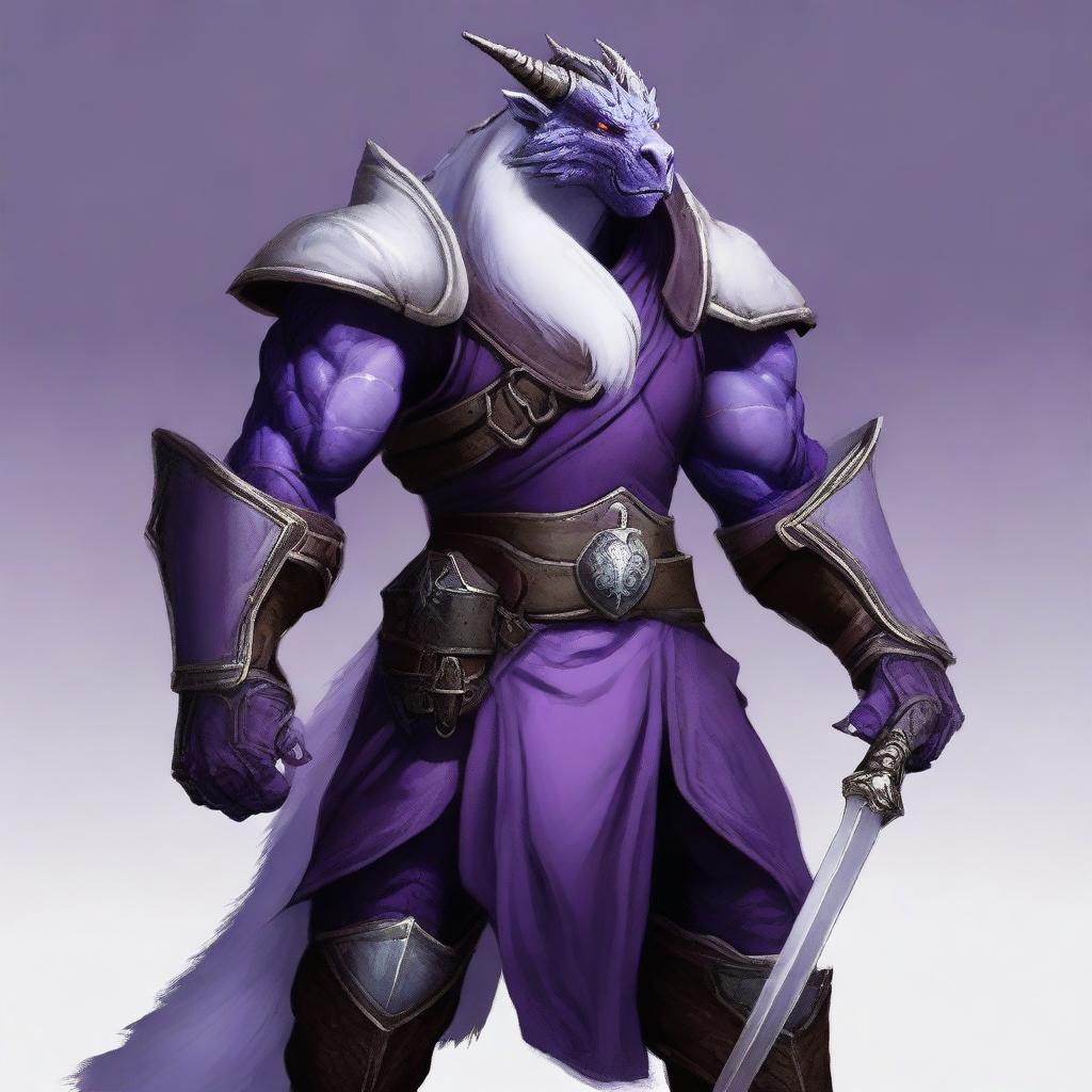 A tall, intimidating dragonborn with white skin and white fur, wearing a purple paladin's armor