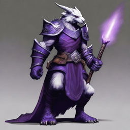 A tall, intimidating dragonborn with white skin and white fur, wearing a purple paladin's armor