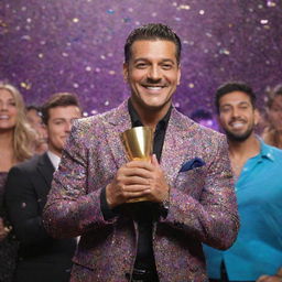 Portrait of the Bigg Boss season 17 winner celebrating with a trophy in a vibrant, confetti-filled atmosphere