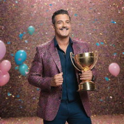 Portrait of the Bigg Boss season 17 winner celebrating with a trophy in a vibrant, confetti-filled atmosphere