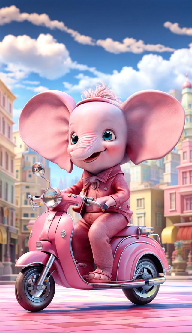 A bubblegum pink elephant joyfully riding a cherry red vintage scooter through a pastel-colored cityscape under a clear blue sky.