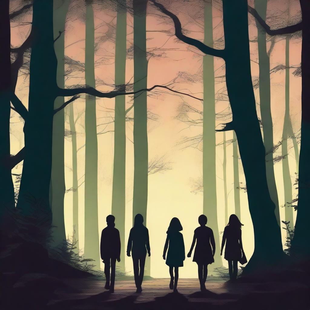 Four teenager friends are walking in a dark magical forest