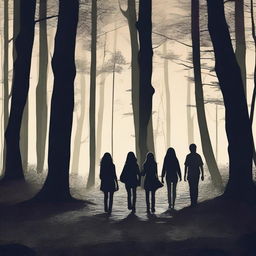 Four teenager friends are walking in a dark magical forest