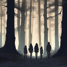 Four teenager friends are walking in a dark magical forest