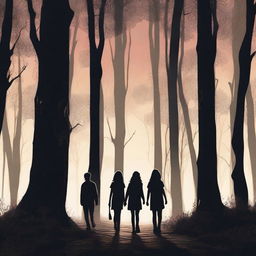 Four teenager friends are walking in a dark magical forest