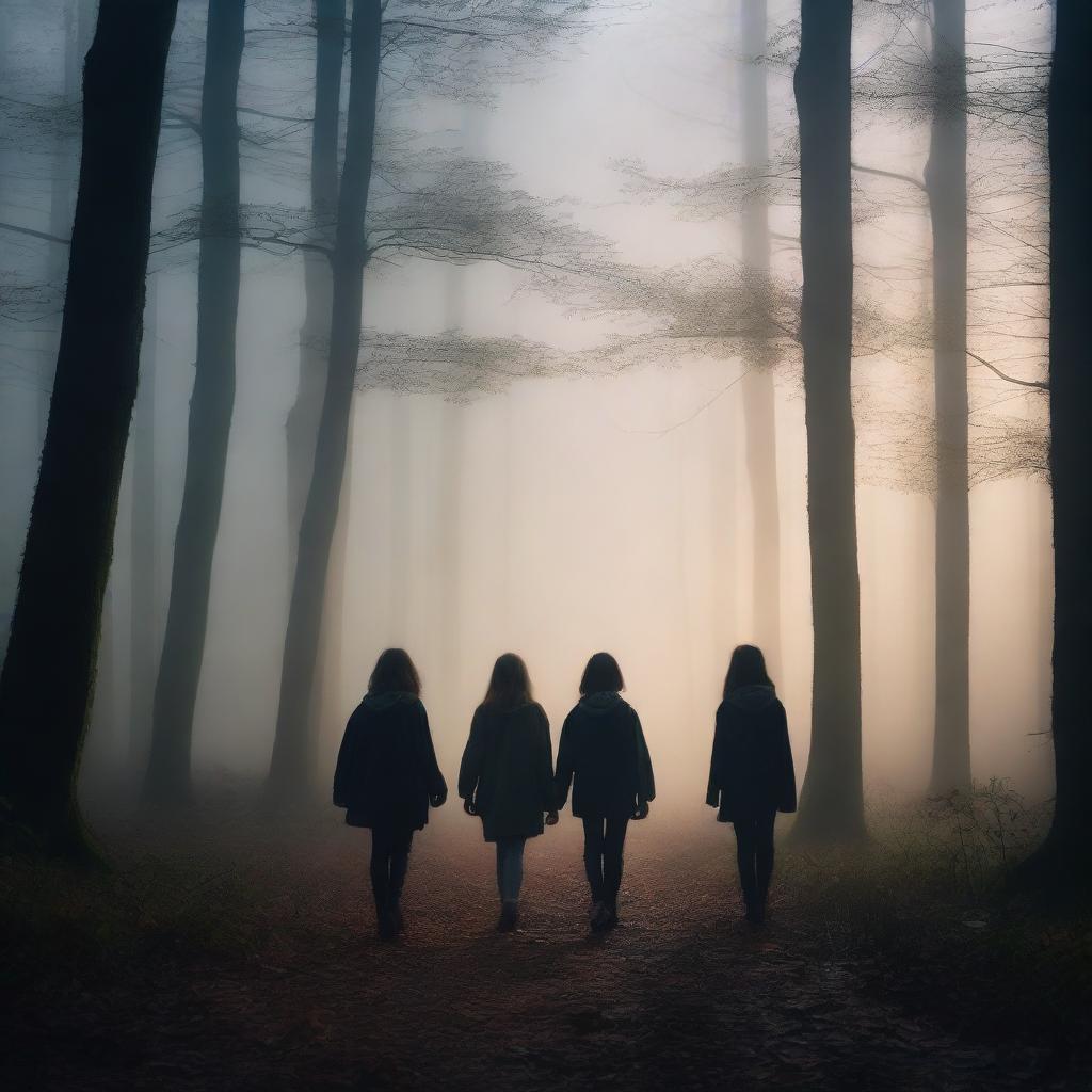 Four teenager friends are walking in a dark magical forest