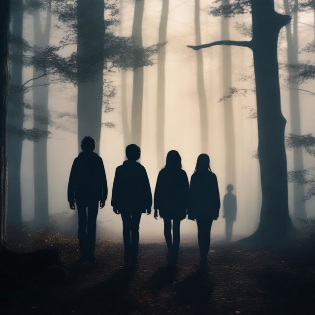 Four teenager friends are walking in a dark magical forest