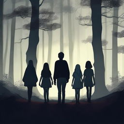 Four teenager friends are walking in a dark magical forest