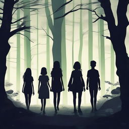 Four teenager friends are walking in a dark magical forest